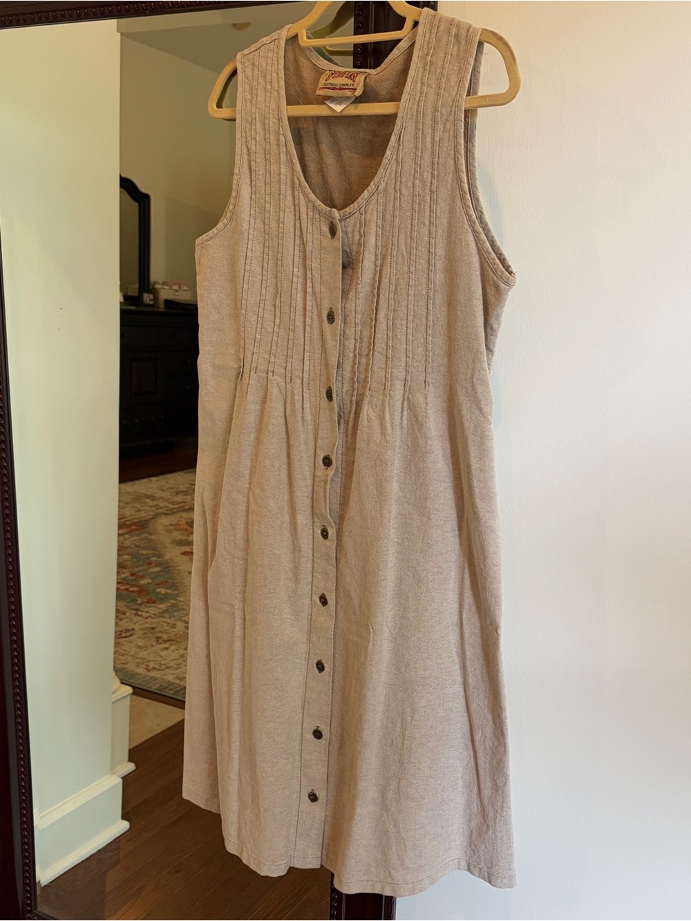 Vintage Sleeveless Button-Front Beige Linen Blend Dress